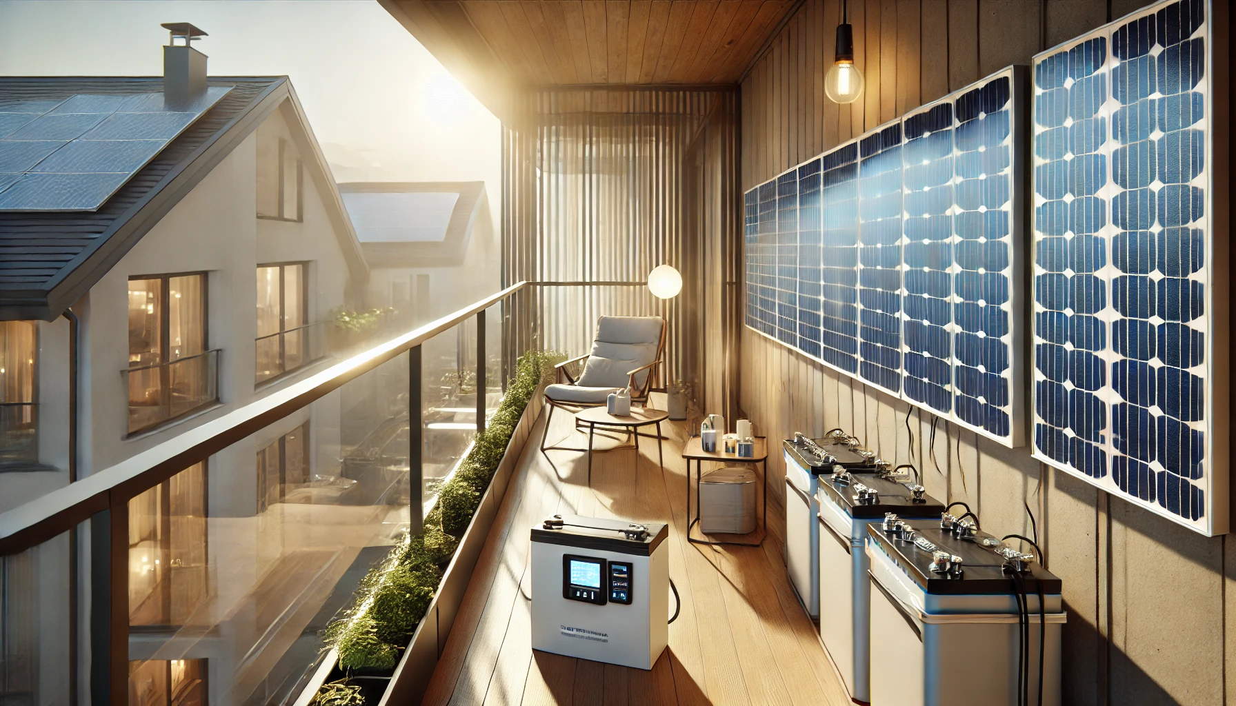 A DIY solar upgrade project on a European balcony, showing solar panels, battery storage, and a charge controller in a compact residential setup. Soft daylight, clear focus on the balcony installation, minimalist aesthetic”