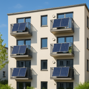 Showcase solar panels installed on the balconies of modern German apartment buildings under clear skies, emphasizing eco-friendliness and technological advancement.