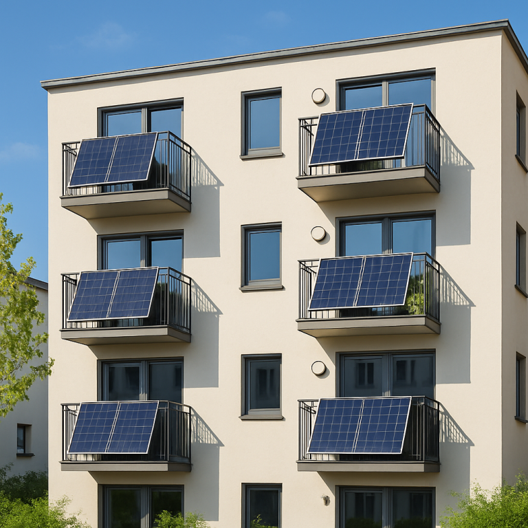 Showcase solar panels installed on the balconies of modern German apartment buildings under clear skies, emphasizing eco-friendliness and technological advancement.