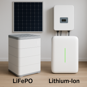 A side-by-side visual of LiFePO₄ and lithium-ion battery modules with a solar storage background set in a European home environment.