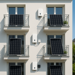 Five sleek compact solar kits set up on European apartment balconies, showing panels, microinverter, and wall-mounted batteries, with clear sky and minimalistic design.