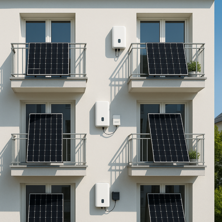 Five sleek compact solar kits set up on European apartment balconies, showing panels, microinverter, and wall-mounted batteries, with clear sky and minimalistic design.