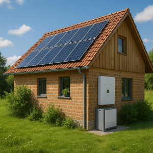 An off-grid European countryside home with solar panels, a compact battery station, and lush green surroundings under a blue sky. Emphasize modern energy independence and rural sustainability.