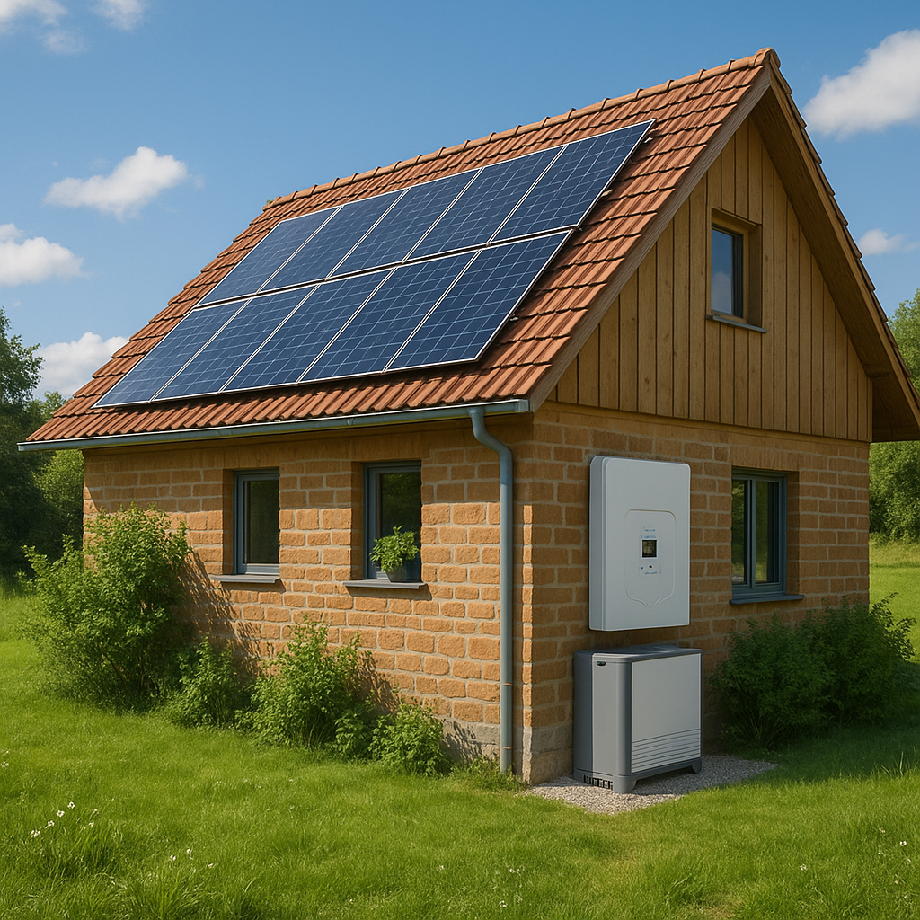 An off-grid European countryside home with solar panels, a compact battery station, and lush green surroundings under a blue sky. Emphasize modern energy independence and rural sustainability.