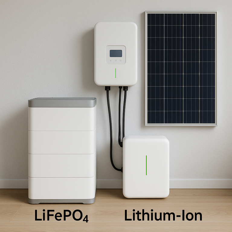 A sleek LiFePO₄ solar battery mounted on a white wall in a small European apartment, with solar panels and inverter beside it.