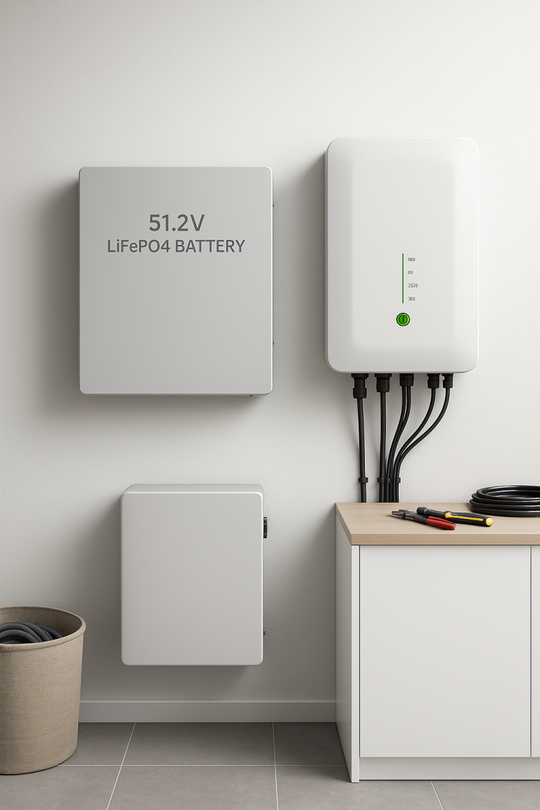 Wall-mounted 51.2V LiFePO4 battery beside a solar inverter in a clean European home utility room