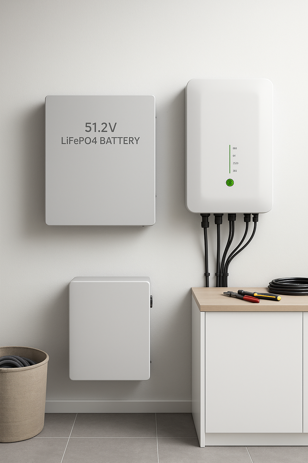 Wall-mounted 51.2V LiFePO4 battery beside a solar inverter in a clean European home utility room