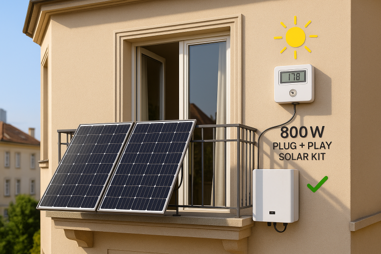 A European apartment balcony with an 800W plug & play solar kit mounted, with meter and sunlight showing energy savings