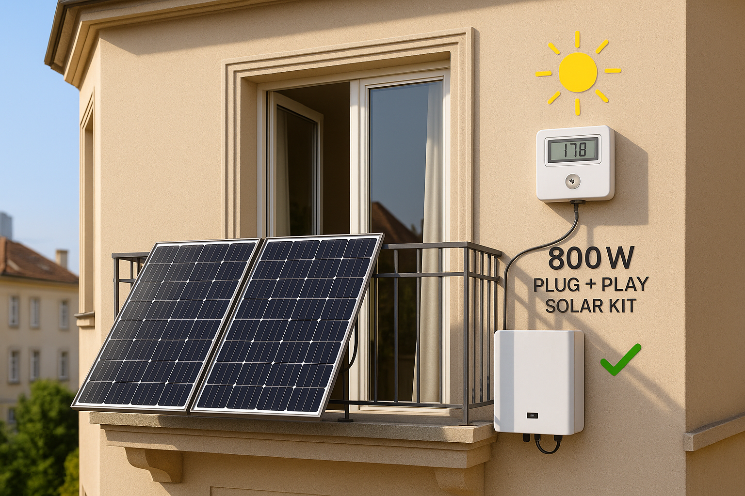 A European apartment balcony with an 800W plug & play solar kit mounted, with meter and sunlight showing energy savings
