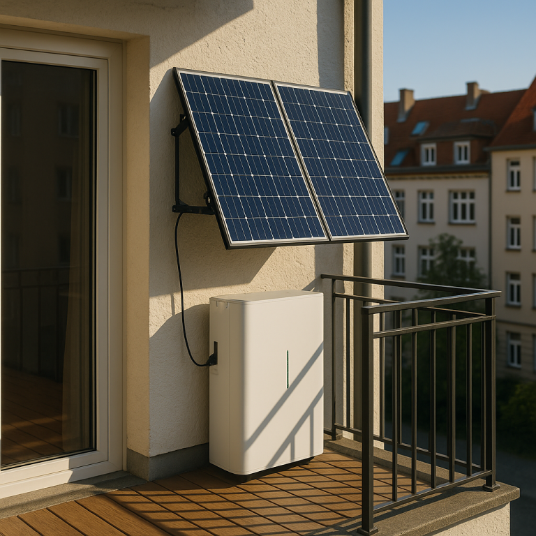 German-style apartment balcony with mounted plug-and-play solar panels and a compact battery unit below, bright afternoon light
