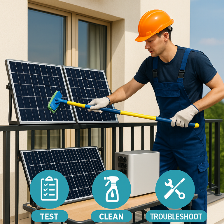 A person cleaning balcony solar panels with tools and safety gear, with icons for test, clean, and troubleshoot