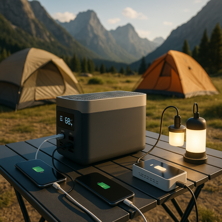 A sleek portable power station on a camping table with tents and mountains in the background, sunlight and USB cables connected to phones and lights