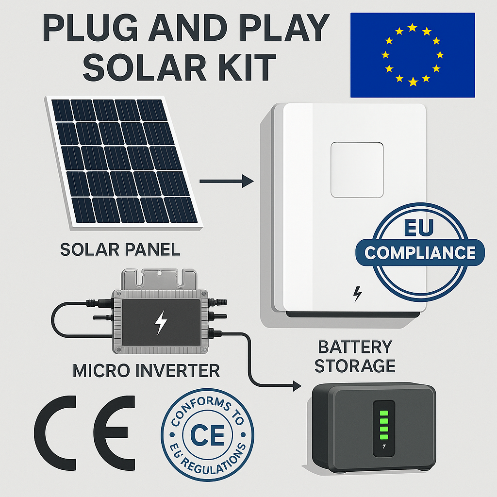 CE-certified plug and play solar kit diagram with compliance stamps and EU flag overlay