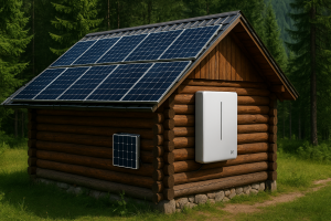 Remote European cabin powered by a sleek solar panel array and wall-mounted battery with CE logo and forest background