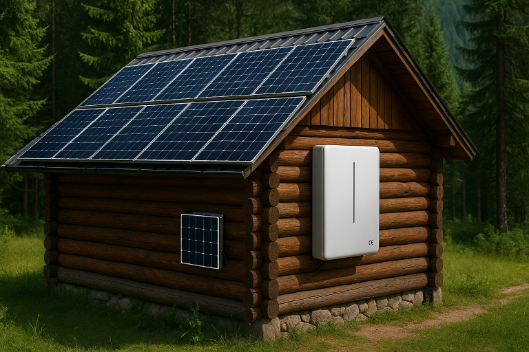 Remote European cabin powered by a sleek solar panel array and wall-mounted battery with CE logo and forest background