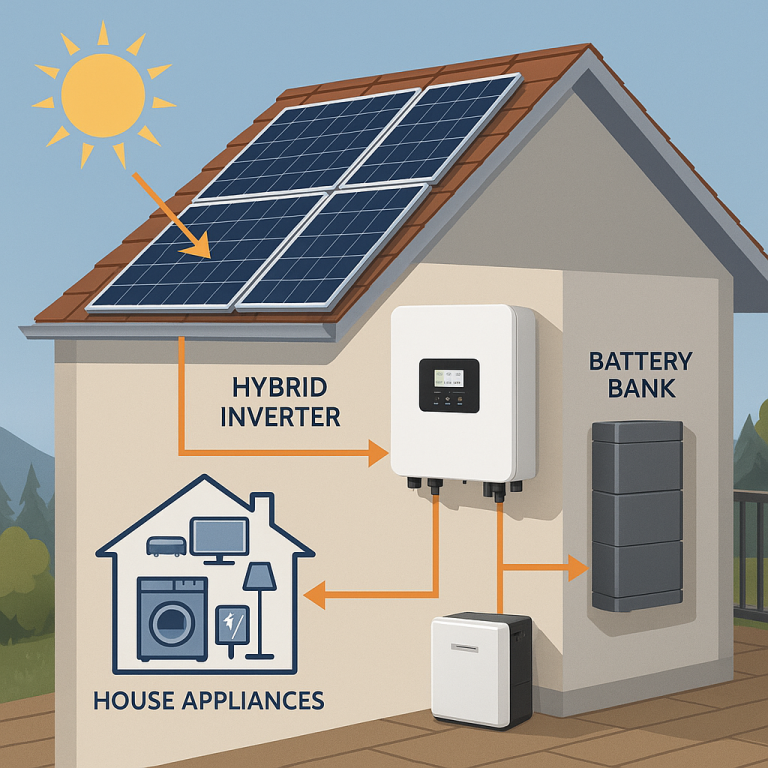 Cross-section diagram showing a hybrid inverter connecting solar panels, home appliances, and a battery bank in a European home
