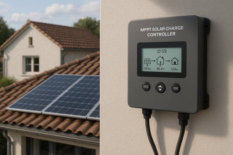 MPPT solar charge controller monitoring a rooftop solar system in a European home, showing energy flow on a digital display