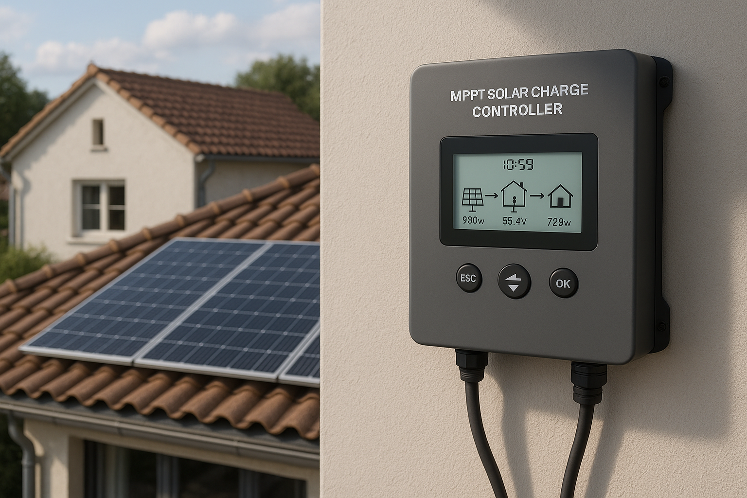 MPPT solar charge controller monitoring a rooftop solar system in a European home, showing energy flow on a digital display