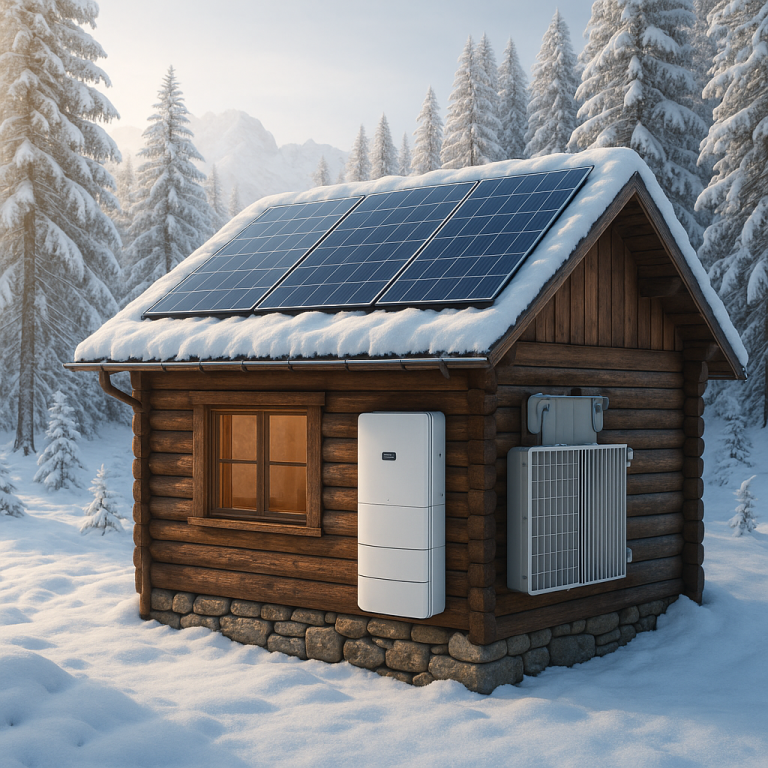 A cozy wooden cabin in the Alps with solar panels on the roof and battery system inside, early morning light, snowy trees