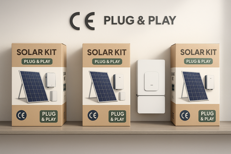 Five boxed solar kit products displayed with EU CE and plug-and-play labels, in a retail-style setting