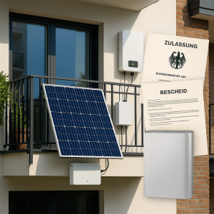 A modern German apartment balcony with mounted solar panels, plug & play kit visible, and legal documents overlaid