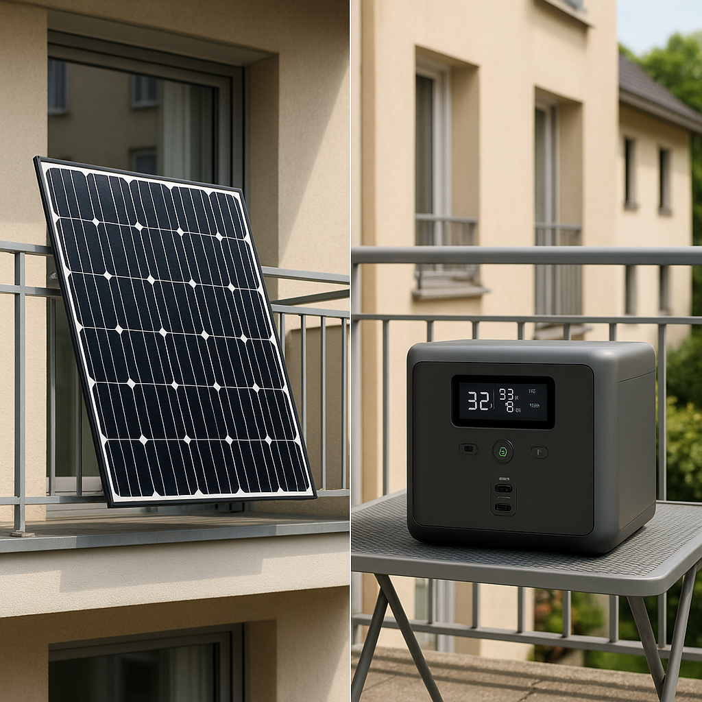 A side-by-side comparison of a balcony solar panel and a portable solar generator on an apartment setting