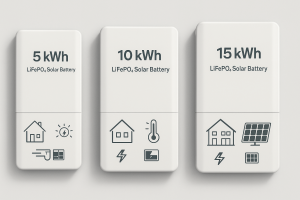 A visual side-by-side of three modern LiFePO4 solar batteries labeled 5kWh, 10kWh, and 15kWh with icons of house size, energy usage, and solar panels