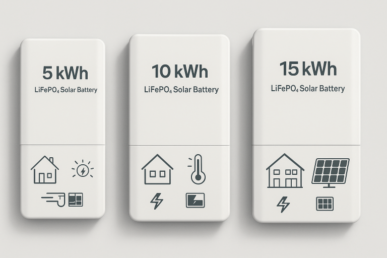 A visual side-by-side of three modern LiFePO4 solar batteries labeled 5kWh, 10kWh, and 15kWh with icons of house size, energy usage, and solar panels