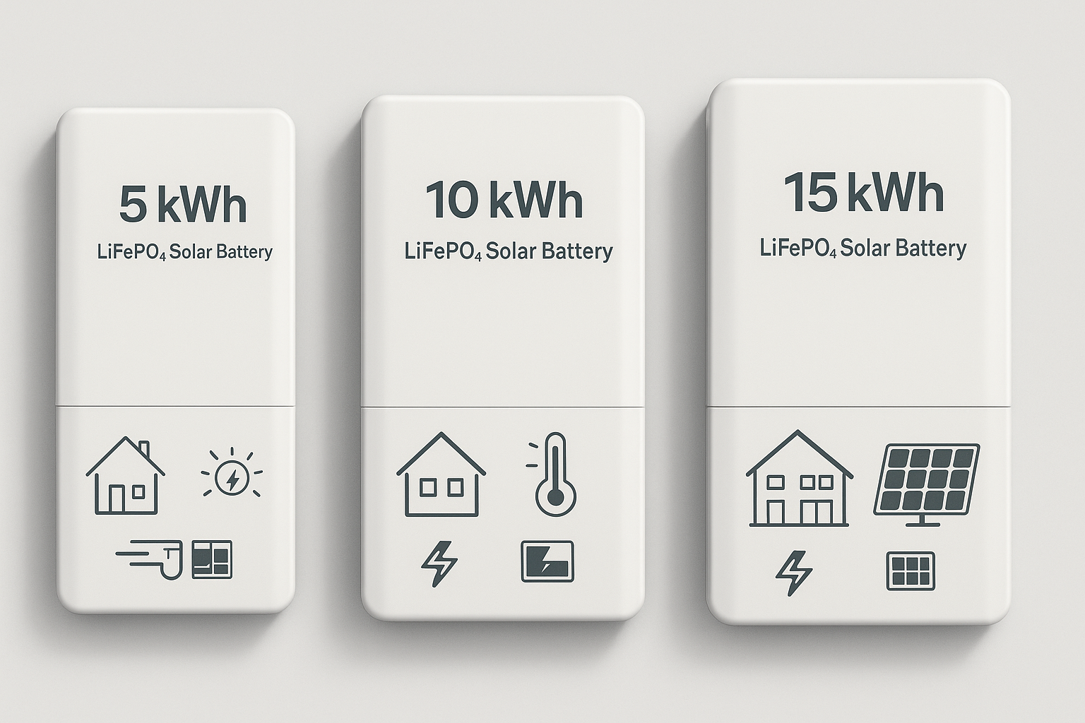 A visual side-by-side of three modern LiFePO4 solar batteries labeled 5kWh, 10kWh, and 15kWh with icons of house size, energy usage, and solar panels