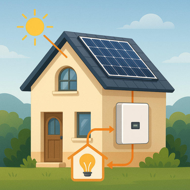 Compact European home with solar panels and a wall-mounted battery, showing energy flow overlay