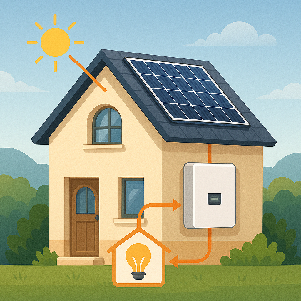 Compact European home with solar panels and a wall-mounted battery, showing energy flow overlay