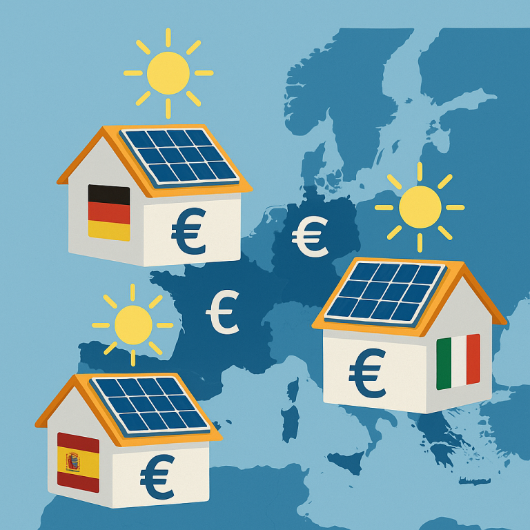 A map of Europe showing solar panels over rooftops in Germany, France, Spain, and Italy with monetary symbols and sun icons