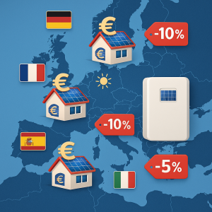 European map with solar panels and Euro symbols, overlaid with flags and discount tags