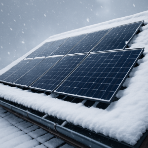 Snow-covered roof with mounted solar panels at a tilted angle, snow falling and drainage channels visible, cloudy sky