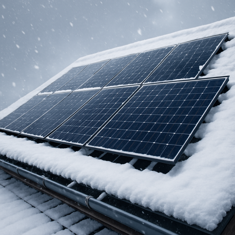 Snow-covered roof with mounted solar panels at a tilted angle, snow falling and drainage channels visible, cloudy sky