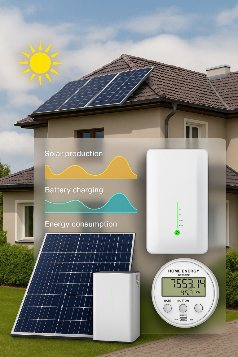 A solar panel, battery, and home meter overlayed with energy usage charts on a European home background