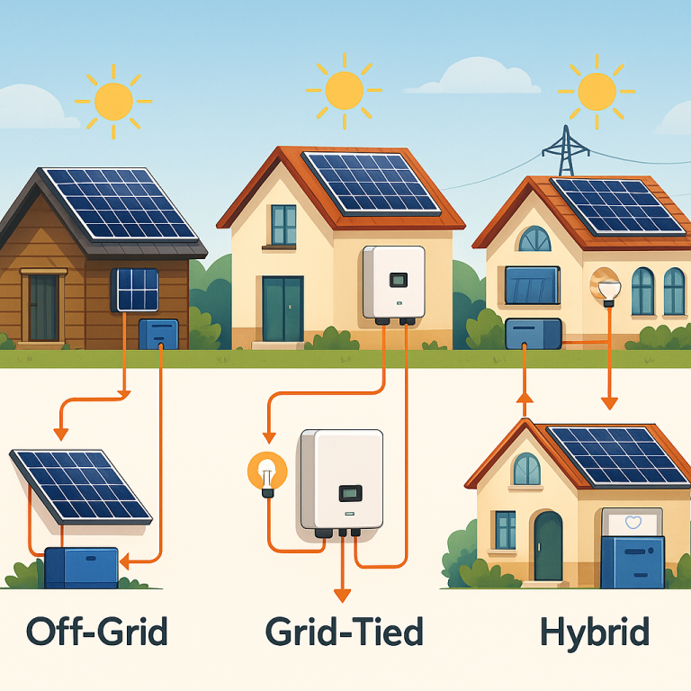 Three illustrated solar system types (off-grid cabin, grid-tied home, hybrid villa) under European skies with power flow arrows