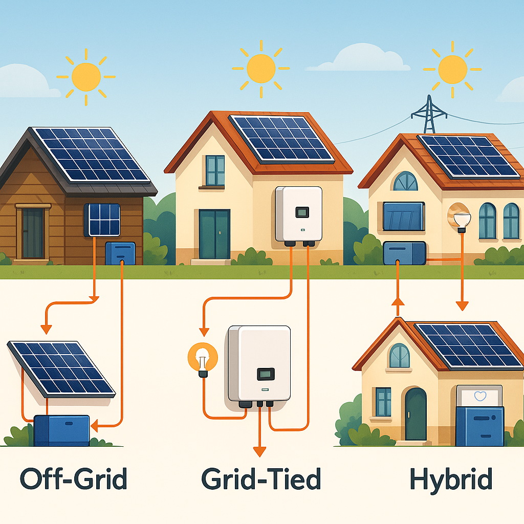 Three illustrated solar system types (off-grid cabin, grid-tied home, hybrid villa) under European skies with power flow arrows