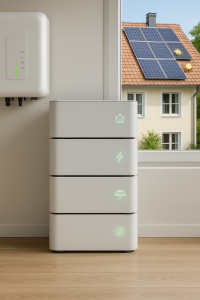 Modern stackable battery units in a solar-equipped European home, sleek design with energy icons