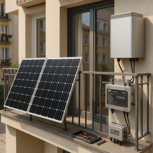European apartment balcony with solar panels and wall-mounted LiFePO4 battery, tools and inverter visible