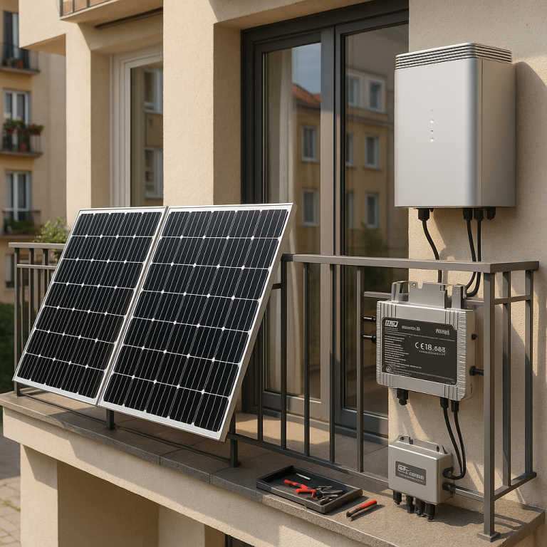 European apartment balcony with solar panels and wall-mounted LiFePO4 battery, tools and inverter visible