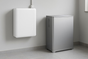 Side-by-side comparison of a sleek wall-mounted solar battery and a compact floor-standing unit in a European utility room