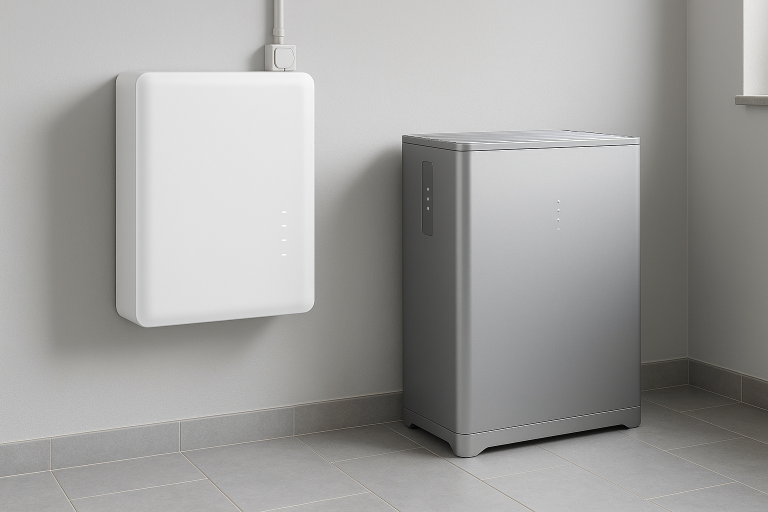 Side-by-side comparison of a sleek wall-mounted solar battery and a compact floor-standing unit in a European utility room