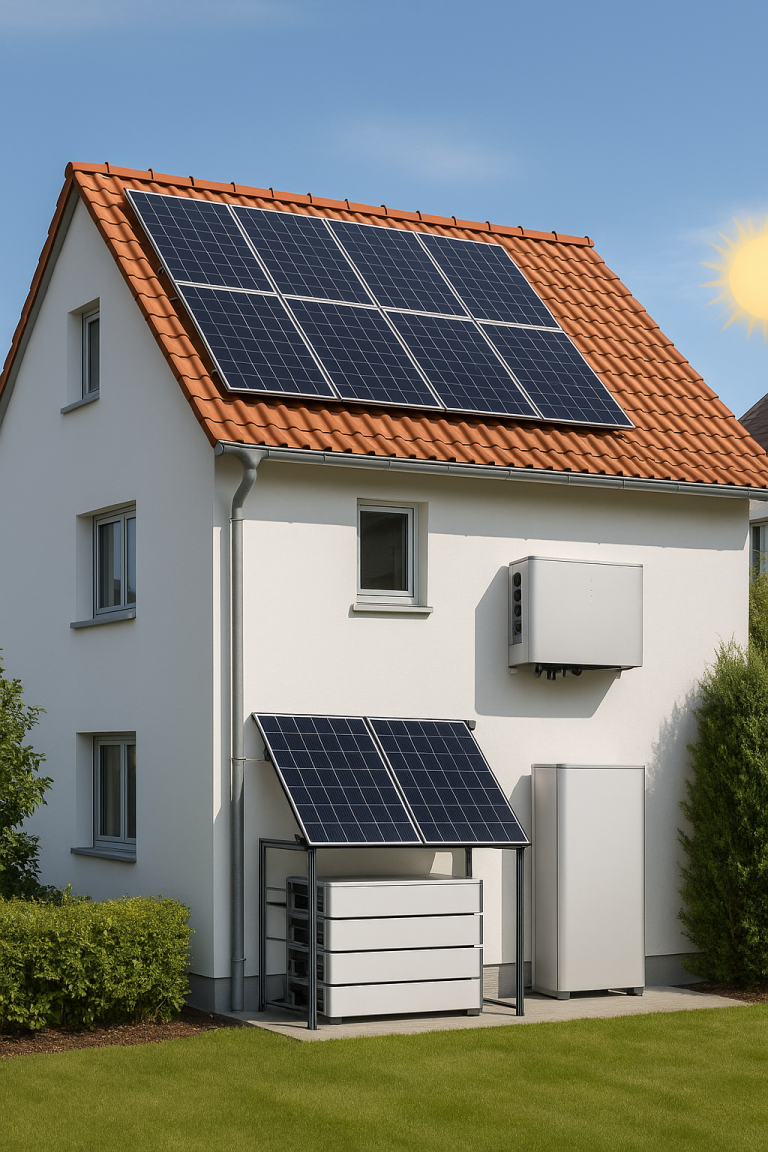 European-style home rooftop solar panels with battery storage rack below, clean design