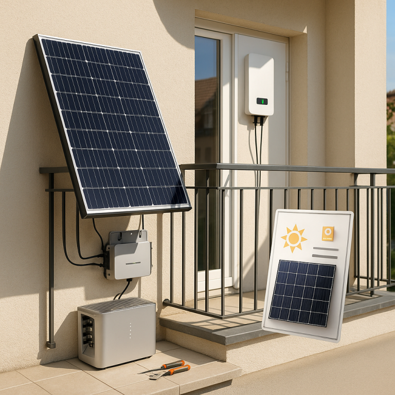A European apartment balcony with a plug-and-play solar panel setup, inverter and battery, sunny day, minimal tools
