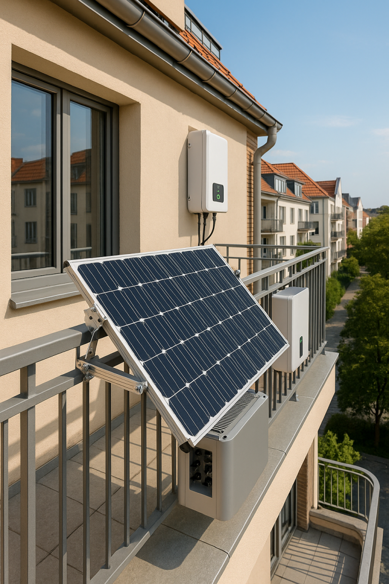 A high-angle view of a modern European apartment balcony with mounted solar panels using adjustable aluminum brackets and railing clamps, in a sunny urban setting.