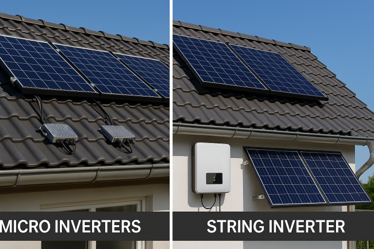 micro inverter, string inverter, solar inverter comparison, JYH Inverter, solar systems Europe Cover Image Prompt: Split image comparing a rooftop with micro inverters installed and another with a string inverter setup, under a clear blue European sky