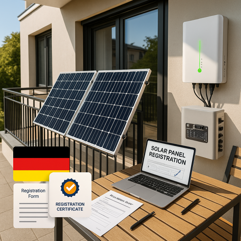 A modern German apartment balcony with solar panels installed, paperwork and laptop on a table, illustrating registration process, daylight.