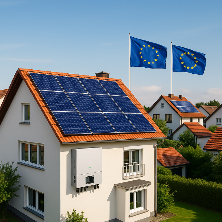 A German residential neighborhood with solar panels on rooftops, blue sky, and EU flags in the background.